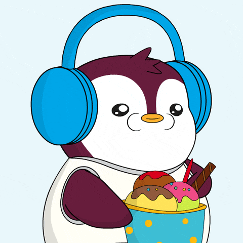 a penguin wearing blue headphones is eating ice cream