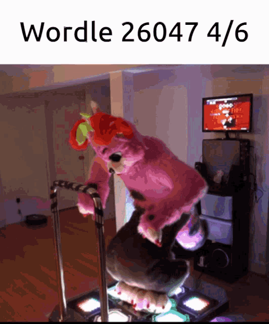 a picture of a bunny on a treadmill with the words wordle 26047 4/6 below it
