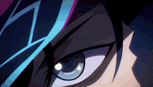 a close up of a person 's eye with a blue and pink stripe on it