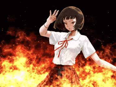 a girl in a white shirt with a red bow stands in front of a fire background