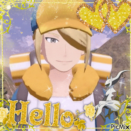 a picture of a cartoon character with the word hello written in gold letters