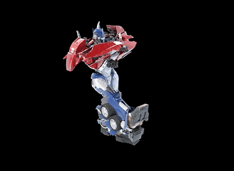 a red and blue robot is kicking another robot on a black background