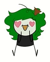 a cartoon character with green hair and pink hearts in her eyes is sitting next to a chicken .