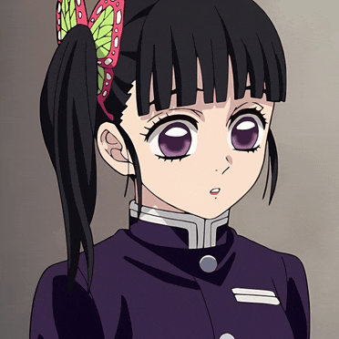 a girl with purple eyes and a ponytail has a flower in her hair