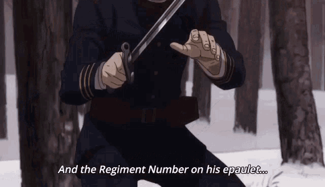 a man holding a sword with the words " and the regiment number on his epaulet " below him