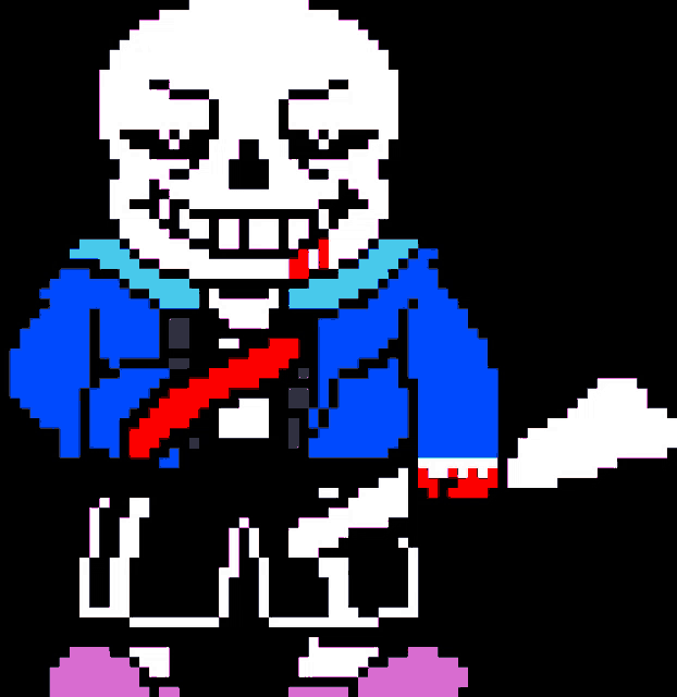 a pixel art of a skeleton with a bloody mouth holding a knife