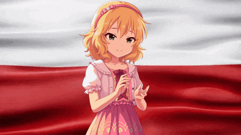 a girl in a pink dress is standing in front of a red and white background