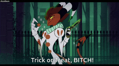 a cartoon character says trick or treat bitch in a green background