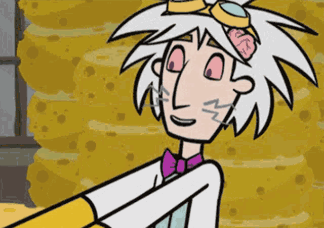a cartoon character with a brain on his head and a purple bow tie