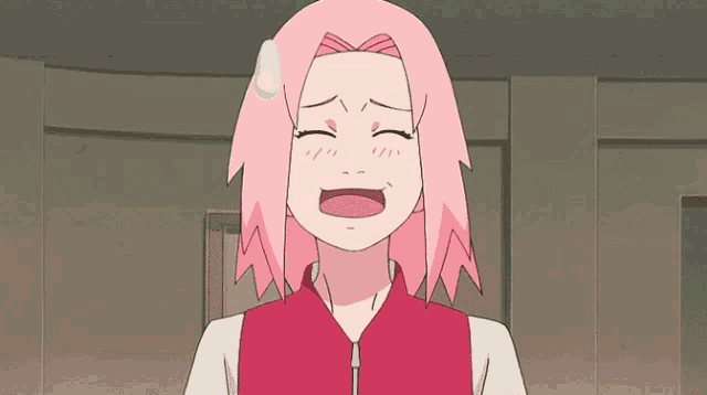 a cartoon girl with pink hair and a red vest