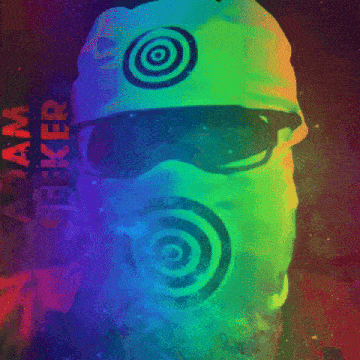 a man wearing a mask with a target on it and the words " i am seeker " on the bottom right
