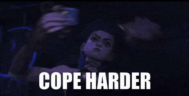 a cartoon character with the words cope harder on the bottom right