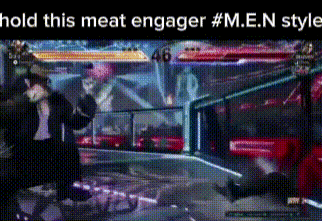 a screenshot of a video game that says hold this meat engager #m.e.n style .