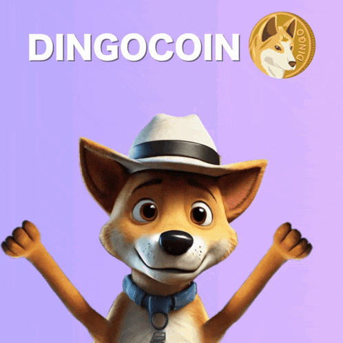 a cartoon dog wearing a cowboy hat and collar with the word dingocoin behind him
