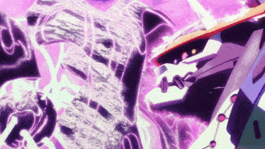 a purple and white painting with a skull and a sword