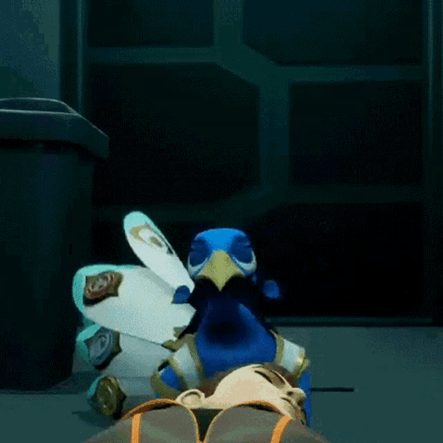 a cartoon peacock is standing next to a woman in a bikini .