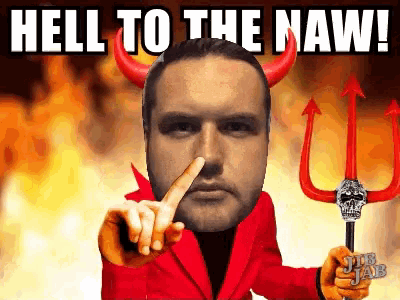 a man with devil horns and a trident points to his nose