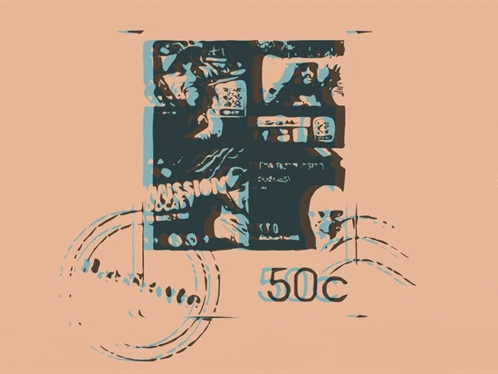 a stamp that says 50c on it is on a pink background