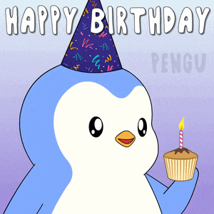 a penguin wearing a party hat holds a cupcake with a candle