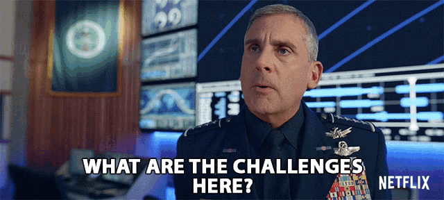 a man in a military uniform is asking " what are the challenges here "