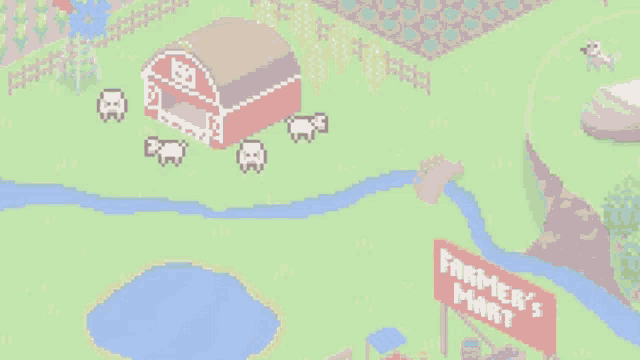 a pixel art of a man standing in front of a farmers mart sign