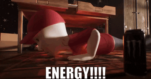 a cartoon character is laying on the floor next to a can of monster energy .