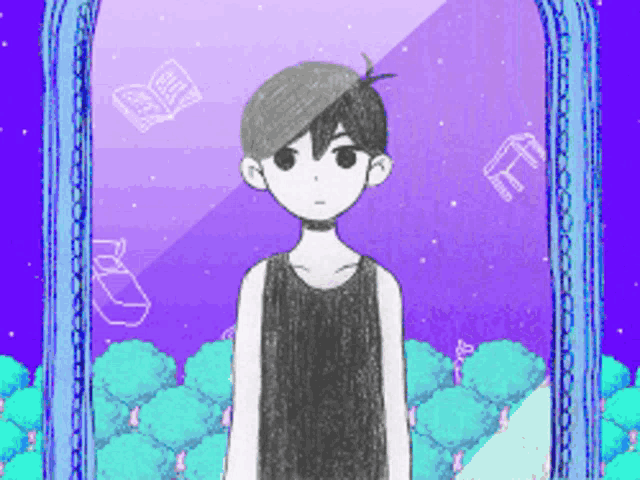 a boy is standing in front of a mirror with trees in the background
