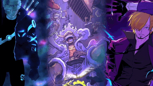 a drawing of a man with a sword and a purple background with the letter s on it