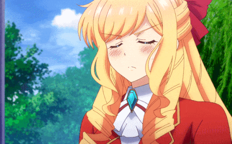 a girl with blonde hair is wearing a red jacket and a blue necklace