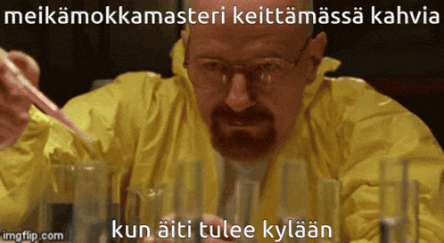 a man in a yellow jacket is sitting at a table with glasses and a caption that says imgflip.com on it
