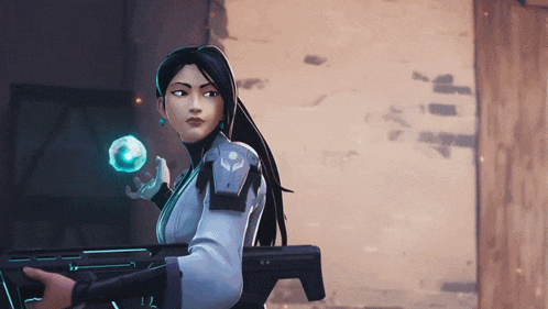 a video game character is holding a gun and a blue object in her hand