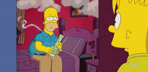 homer simpson is smoking a bong in a bedroom while bart simpson looks on .