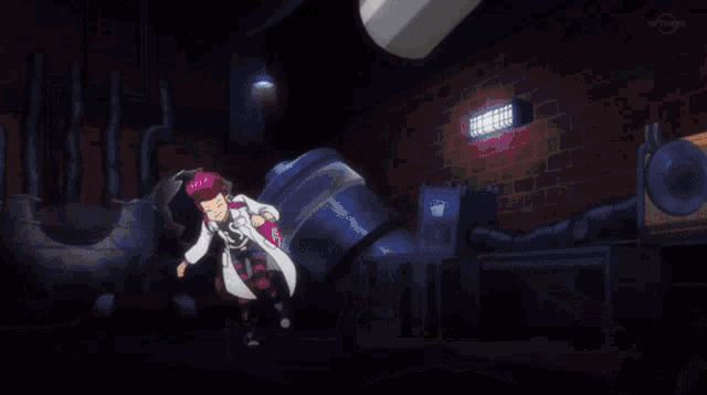 a girl in a lab coat is holding a large pipe in her hand