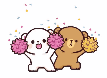 a couple of teddy bears are holding pom poms and cheering .