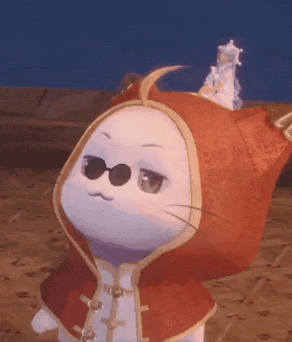 a cartoon character wearing sunglasses and a red hood