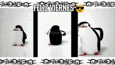 three penguins are standing next to each other with the words " feliz viernes " above them