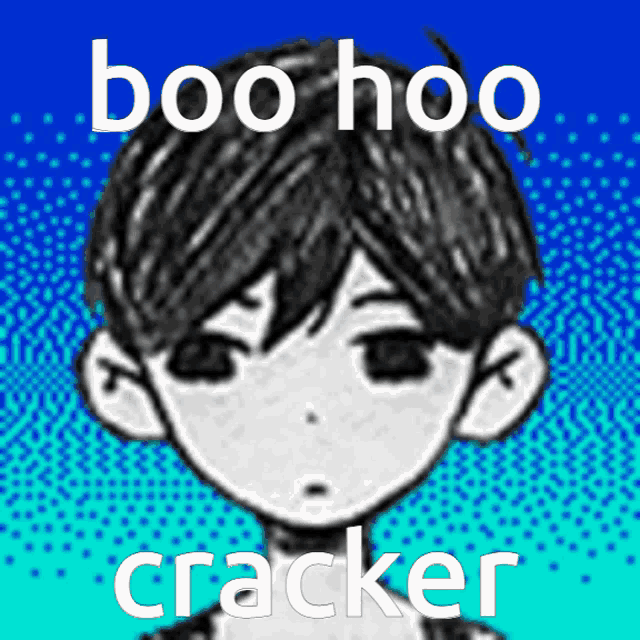 a black and white drawing of a boy with the words boo hoo cracker below him