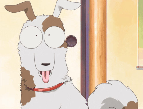 a cartoon dog with a red collar sticking out its tongue