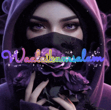 a woman wearing a purple hoodie and a black mask holds purple roses in front of her face and the words waalaikumsalam