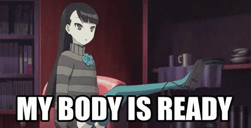 a cartoon girl is standing in front of a bookshelf with the words " my body is ready "