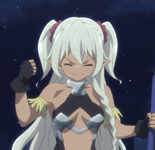 a girl with white hair and pigtails is wearing a black and white outfit