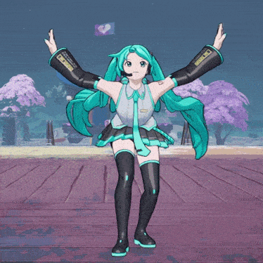 hatsune miku is dancing in a video game with her arms wide open