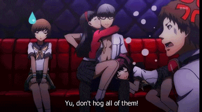 a group of anime characters are sitting on a couch and one of them says yu don t hog all of them