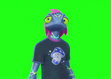 a chameleon with pink hair and a black shirt with mushrooms on it