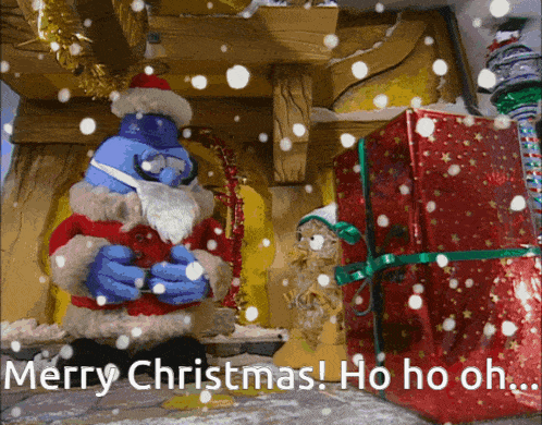 a merry christmas greeting card with a santa claus and presents