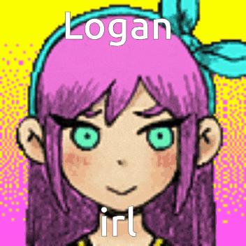 a pixel art drawing of a girl with purple hair and green eyes named logan girl