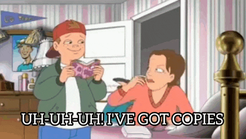 a cartoon of a boy and a girl with the words uh-uh-uh i 've got copies written above them
