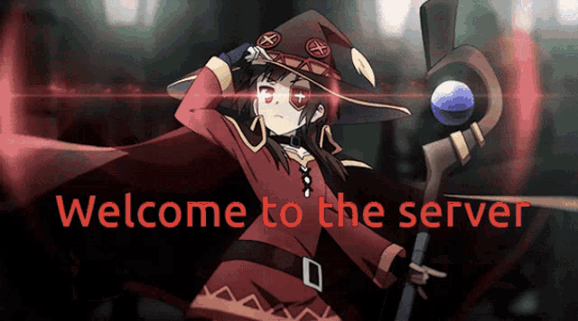 a welcome to the server sign with a witch