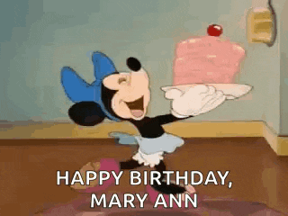 a cartoon of minnie mouse holding a tray with a cake on it .