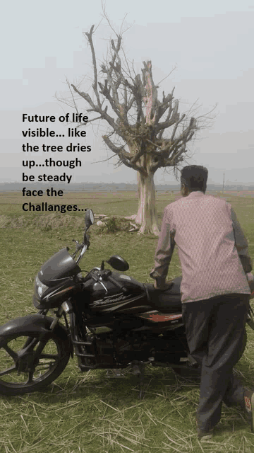 a man standing next to a motorcycle with a tree in the background and the words future of life visible
